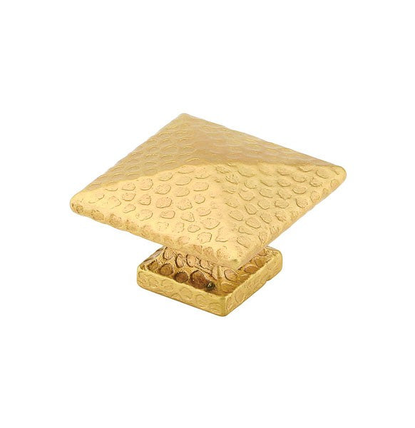 Satin Brass Hammered Square Knob 1"
