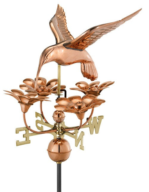 Hummingbird with Flowers Weathervane, Polished Copper