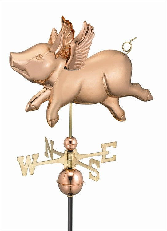 Flying Pig Weathervane, Polished Copper