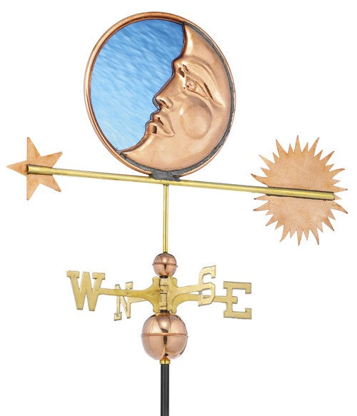 Stained Glass Moon Weathervane, Polished Copper